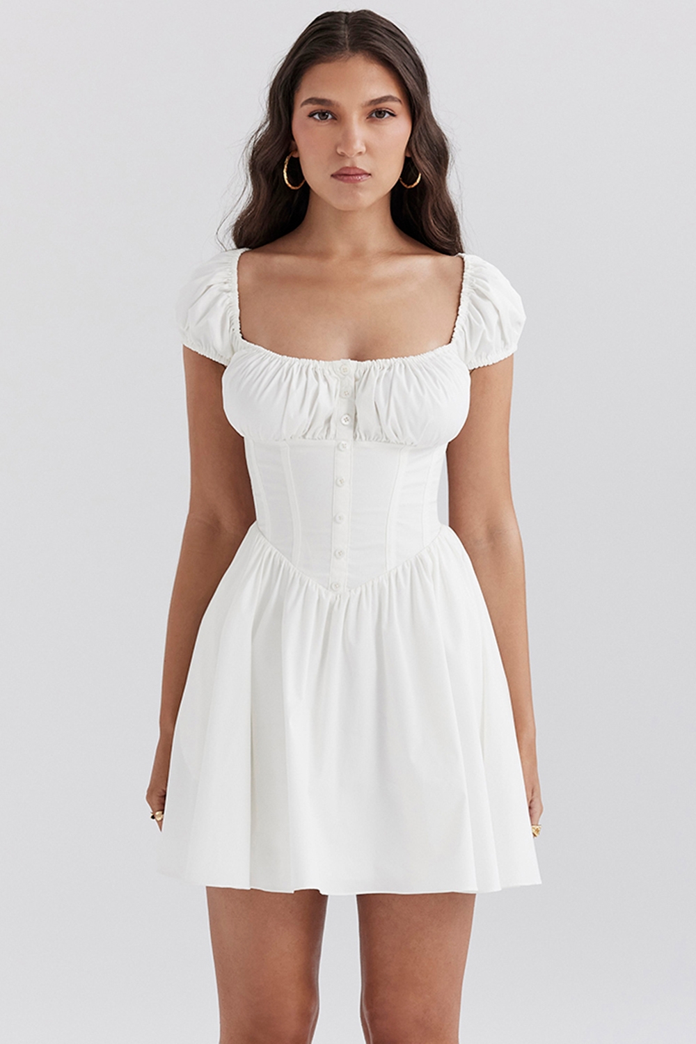 White Cotton Gathered Mini Dress