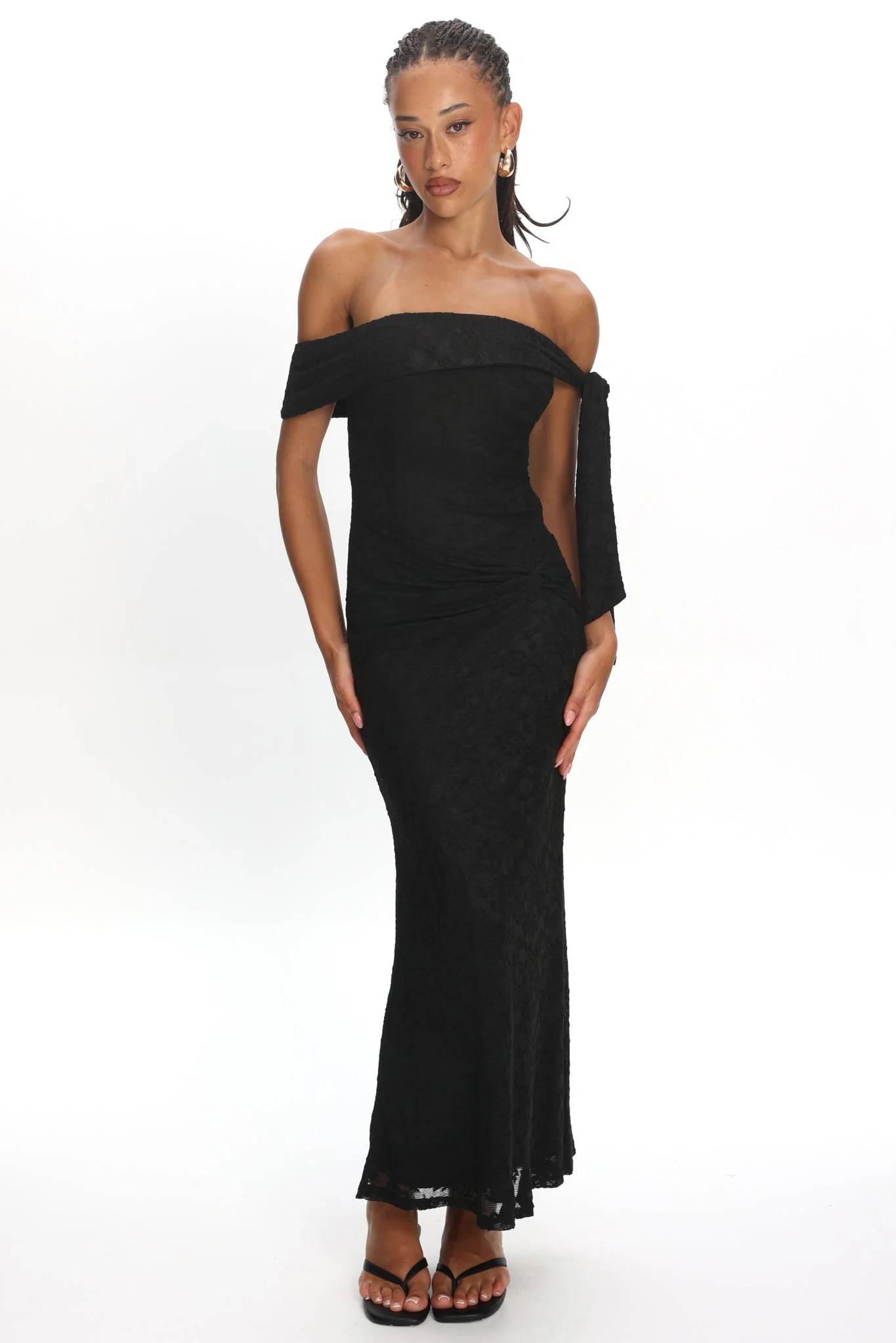Aurora Sky Off-Shoulder Tie Maxi Dress Lace Black