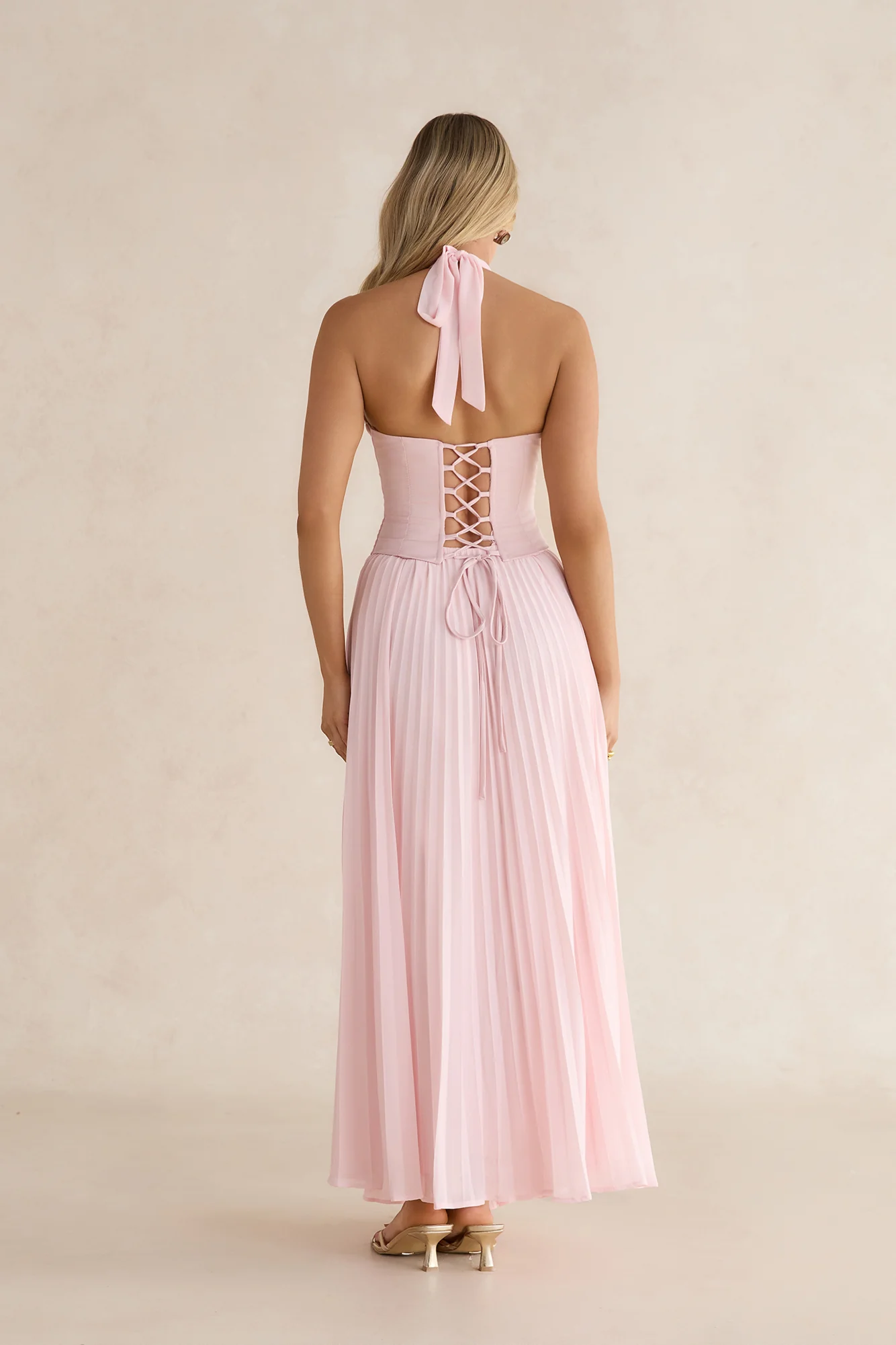 Paradise Falls Plisse Halter Maxi Dress Light Pink
