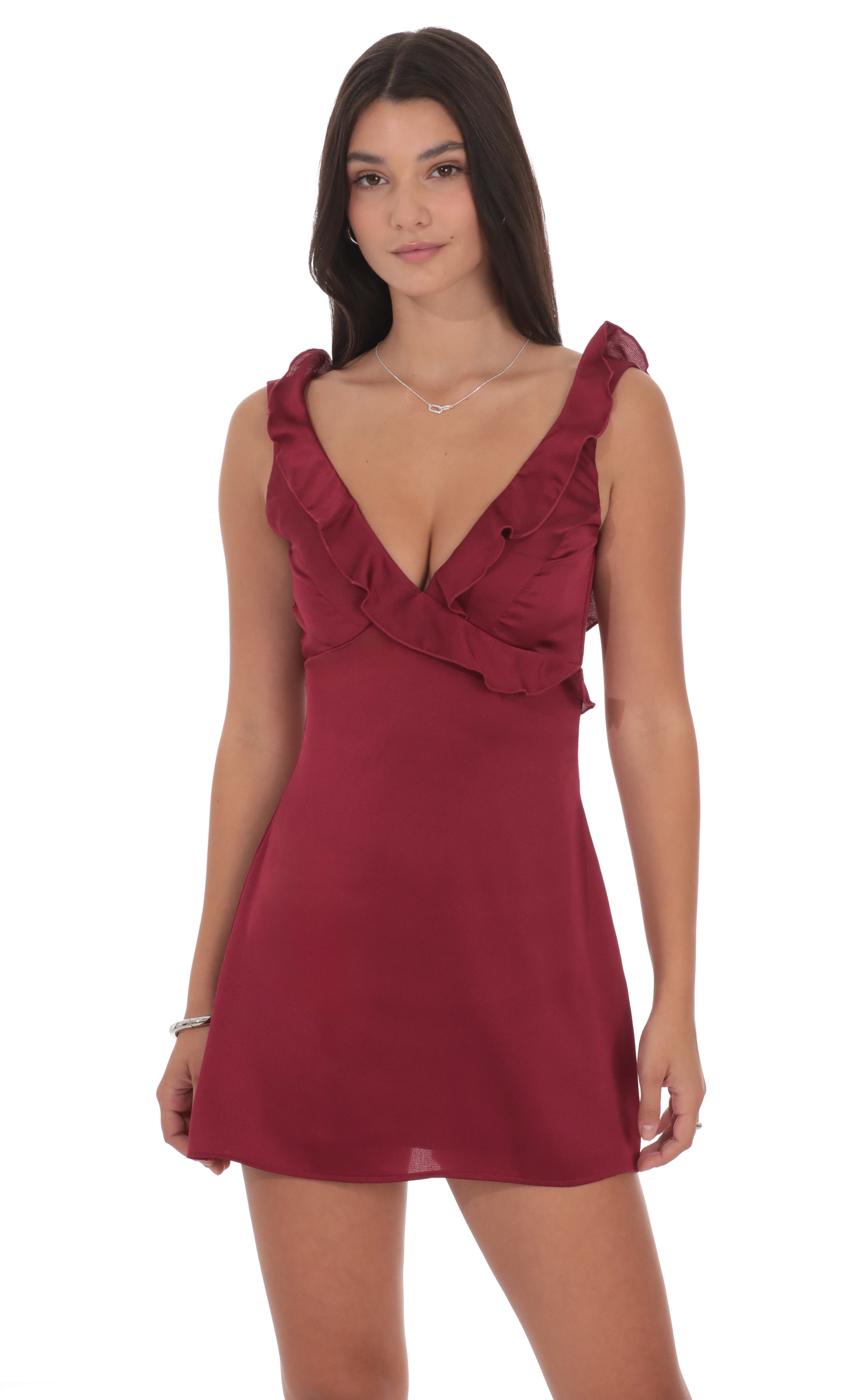 Satin Ruffle V-Neck Dress in Maroon - luluinthesky