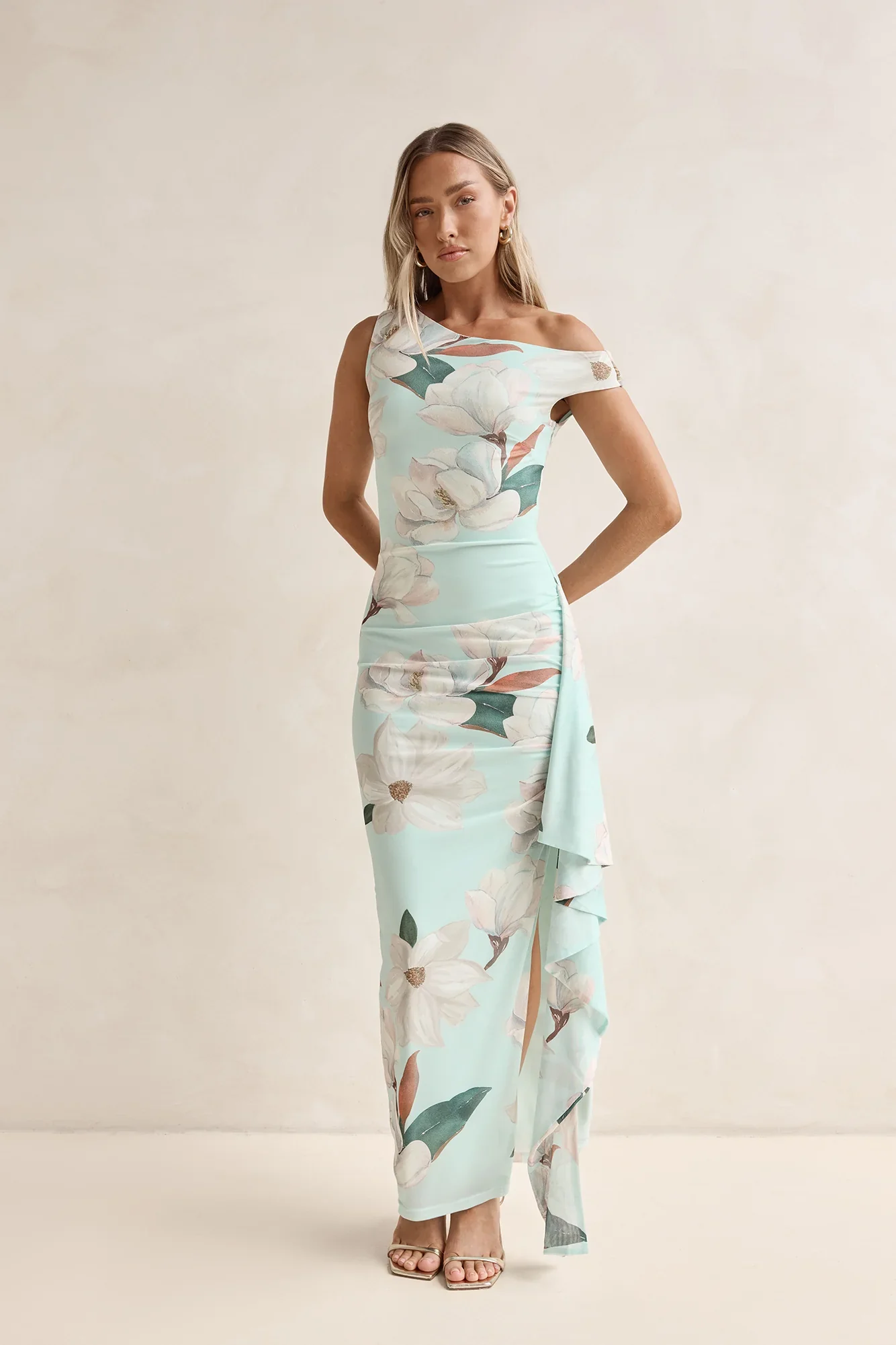Case Of Flowers Off Shoulder Mesh Maxi Dress Mint