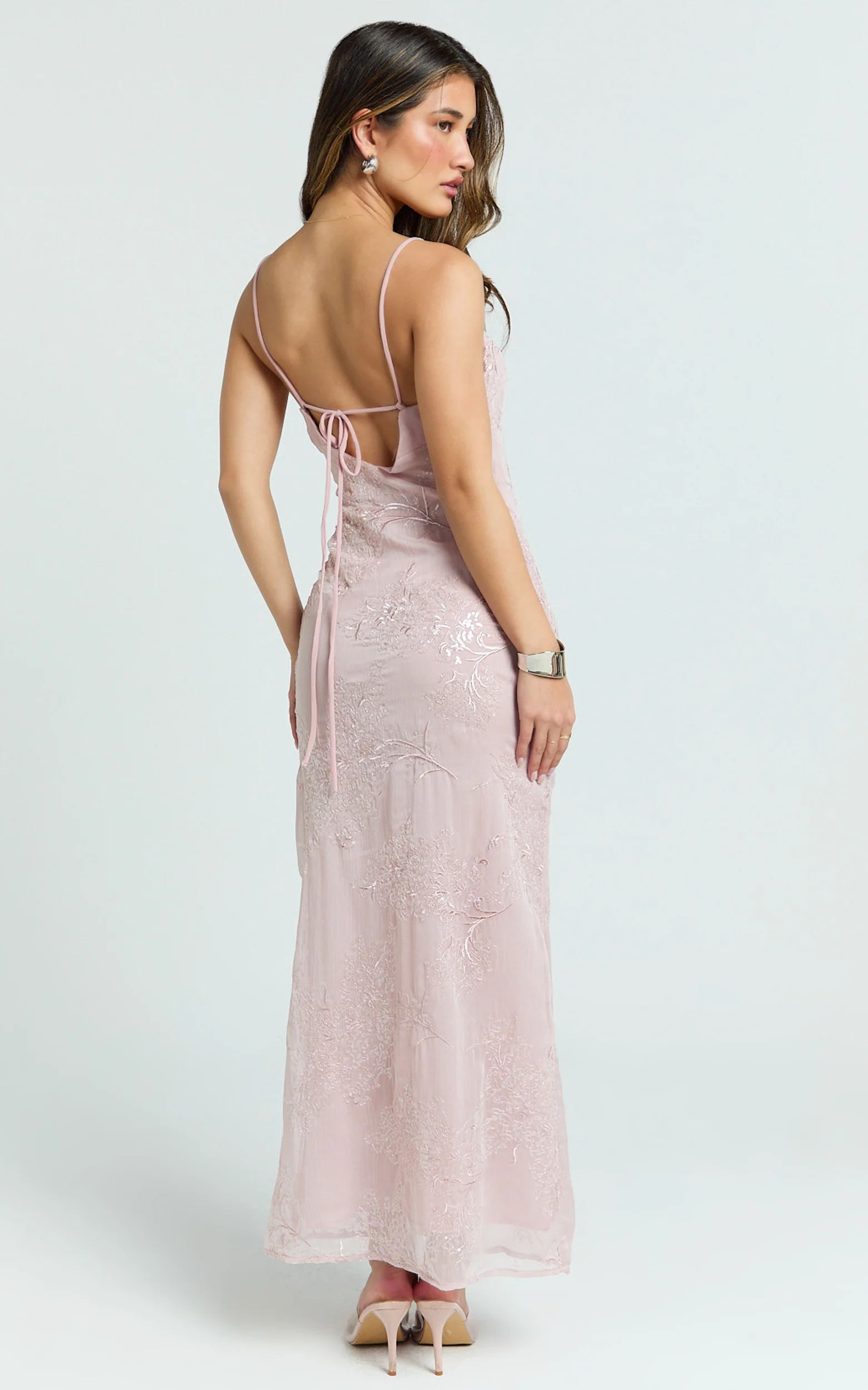 Elysia Midi Dress - Sequin Straight Neck Tie Back Dress in Pale Pink