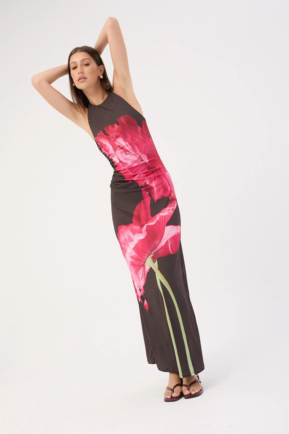 Perfect Stranger Full Bloom High Neck Maxi Dress Brown Print