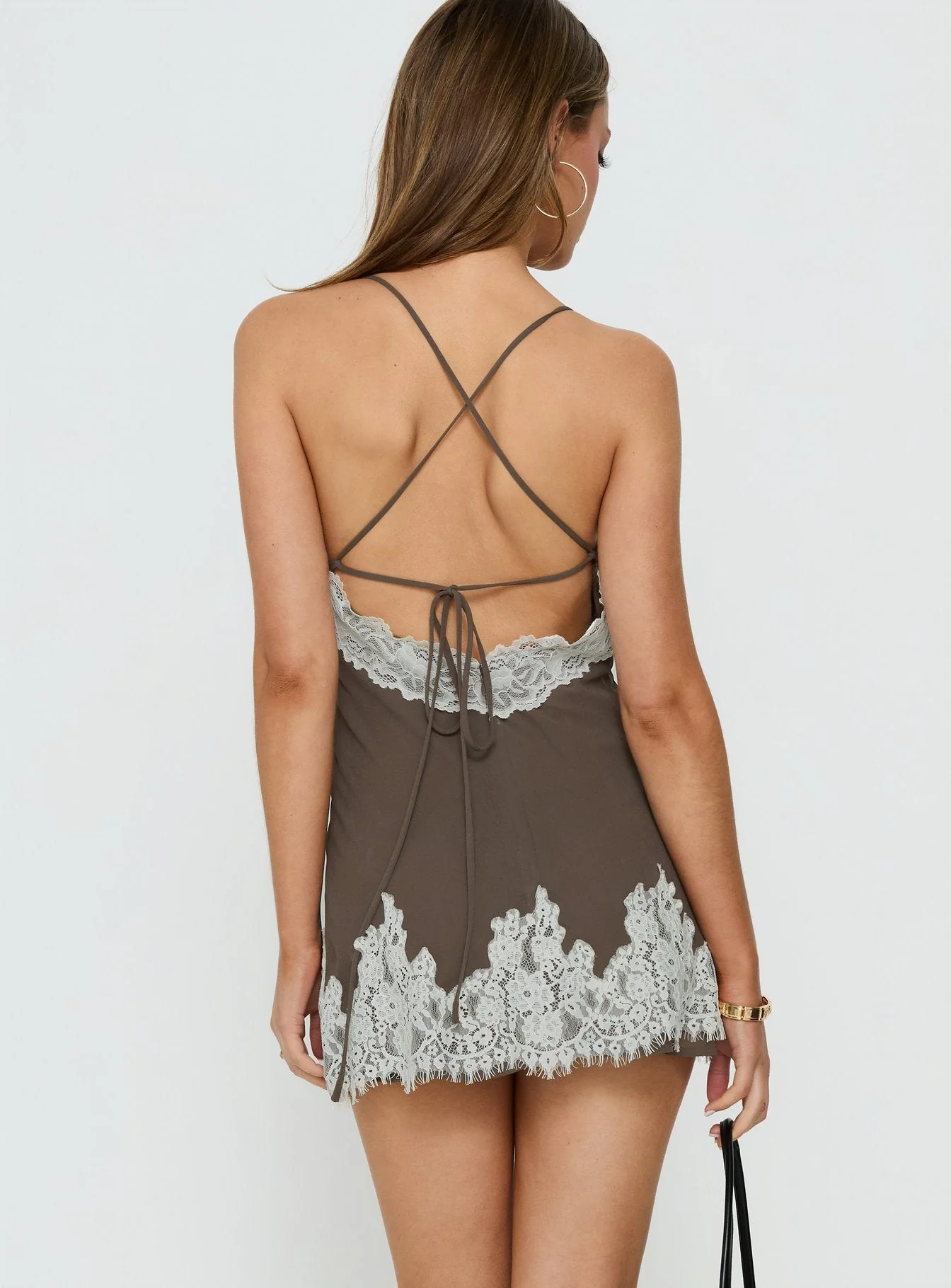Call My Lover Lace Slip Mini Dress Brown / Cream