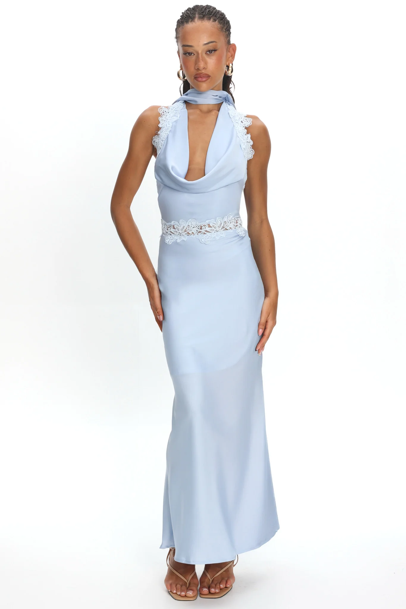 Scotlyn Applique Trim Halter Maxi Dress Blue
