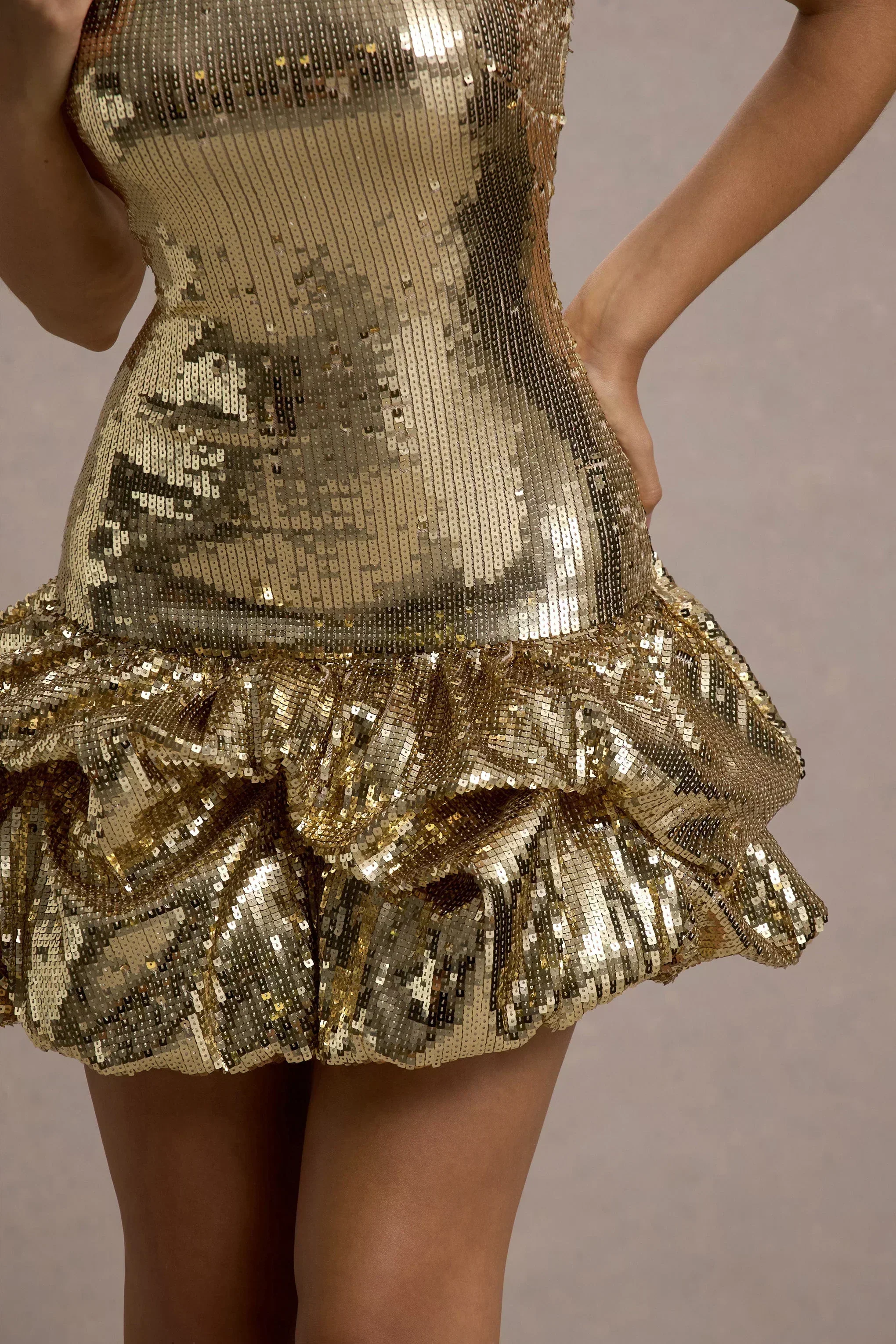 Mirabelle | Gold Sequin Bandeau Mini Dress With Puff Hem - FASHION NOB