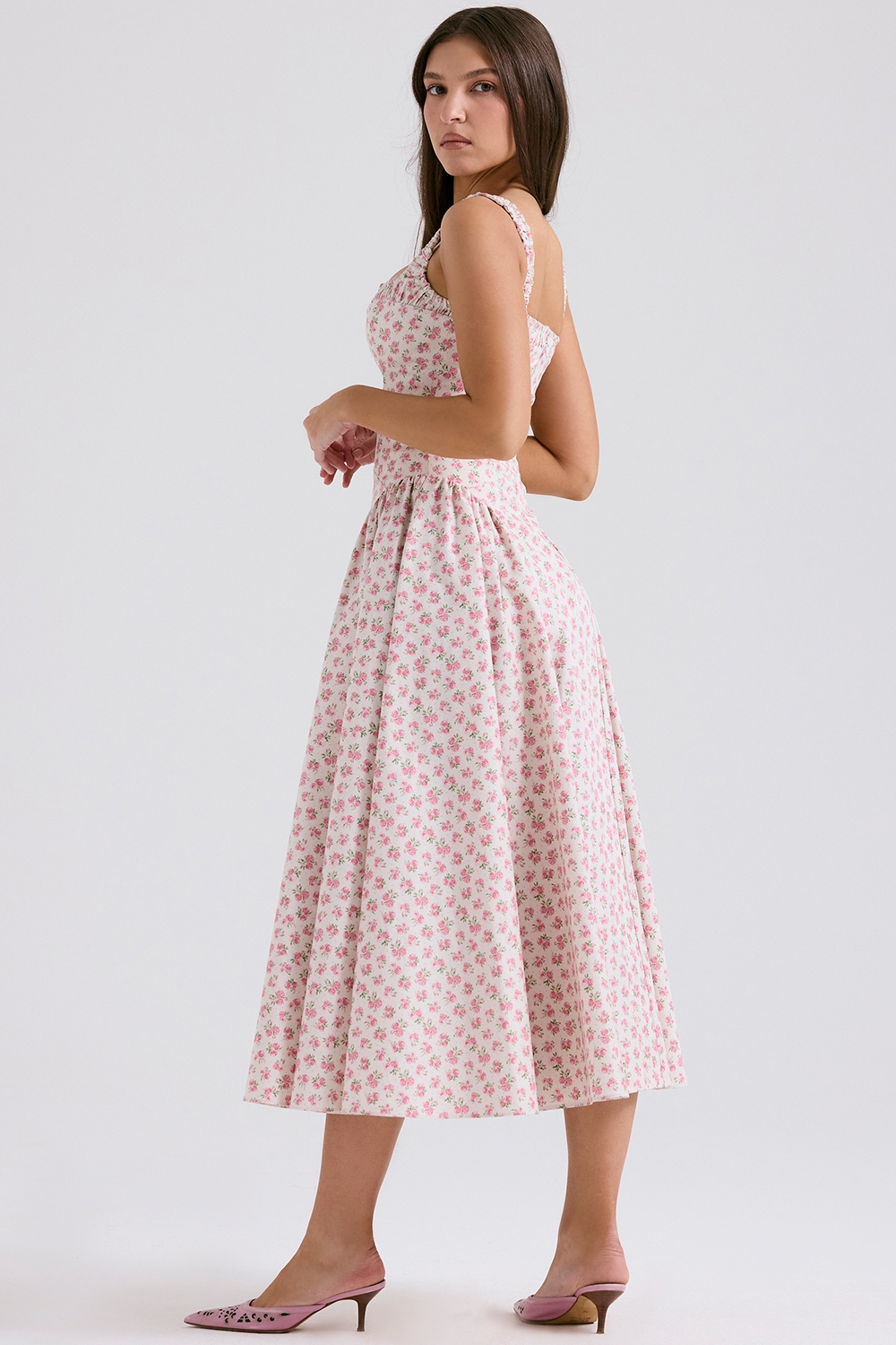 White Rosebud Print Cotton Midi Sundress