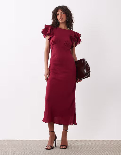 Nobody's Child Lola v neck back detail flutter sleeve midi dress in burgundy