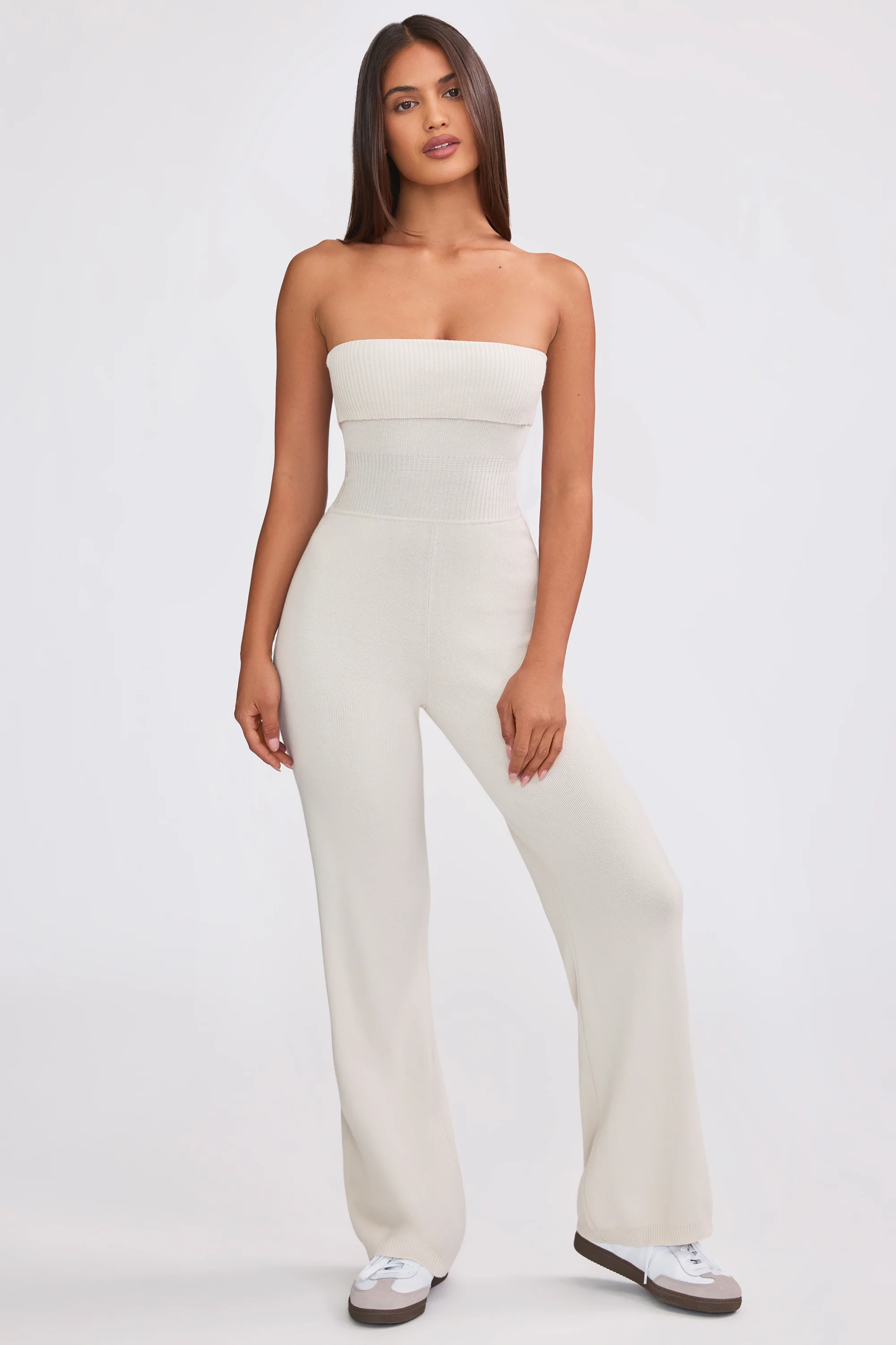 Chunky Knit Bandeau Kick Flare Jumpsuit in Cream