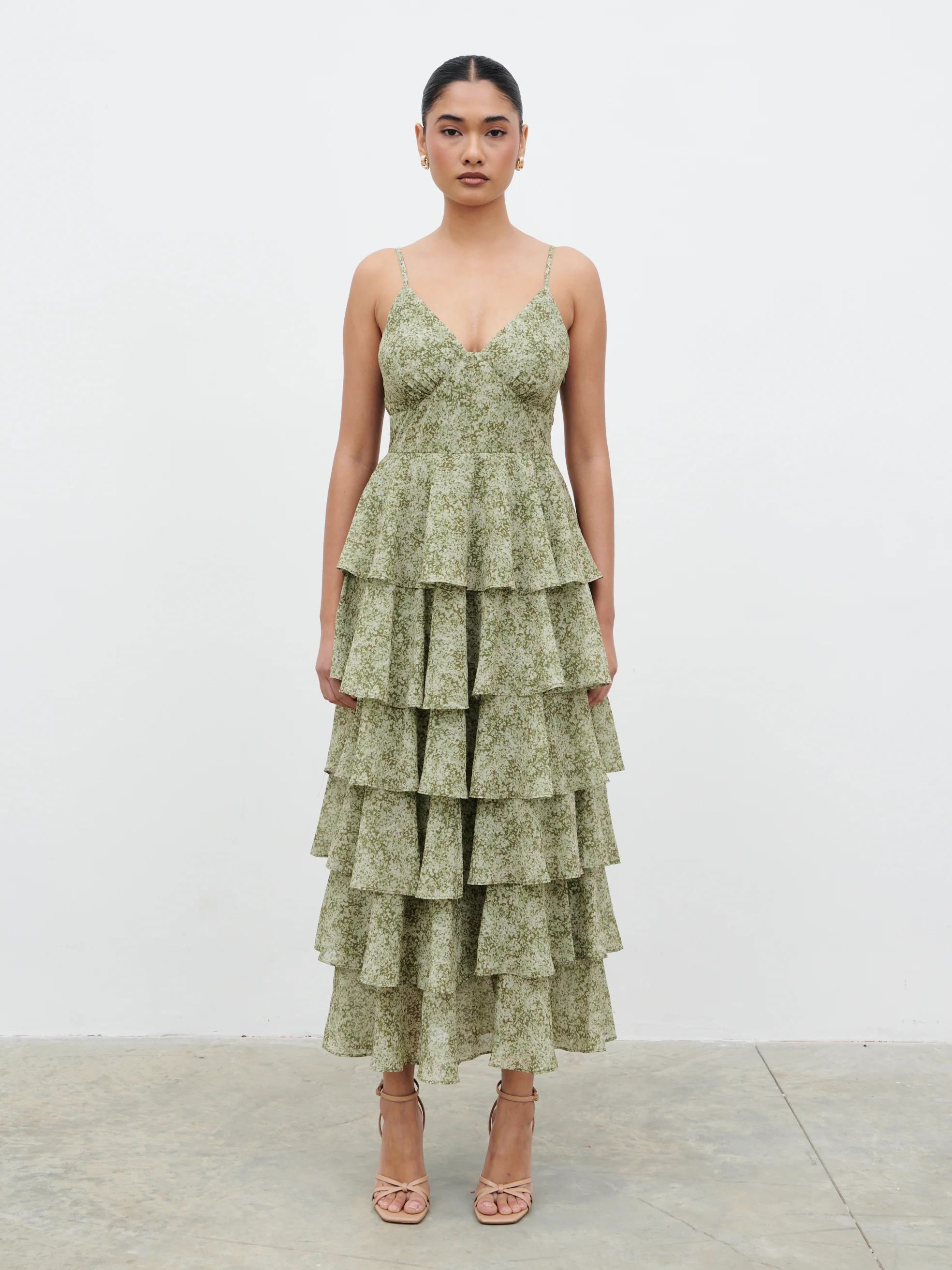 Lissy Ruffle Midaxi Dress - Green Abstract Print