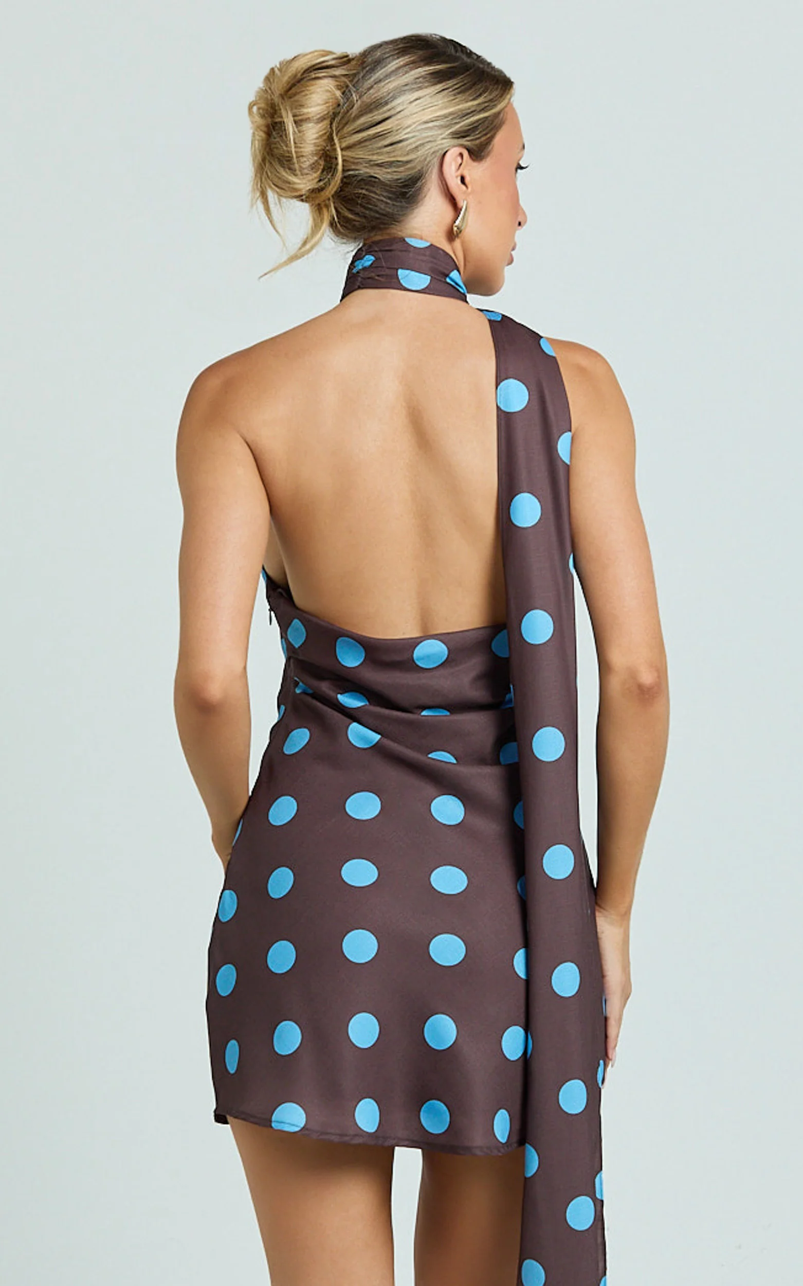 Maddox Mini Dress - Scarf Neck Low Tie Back Slip Dress in Polka Dot Print