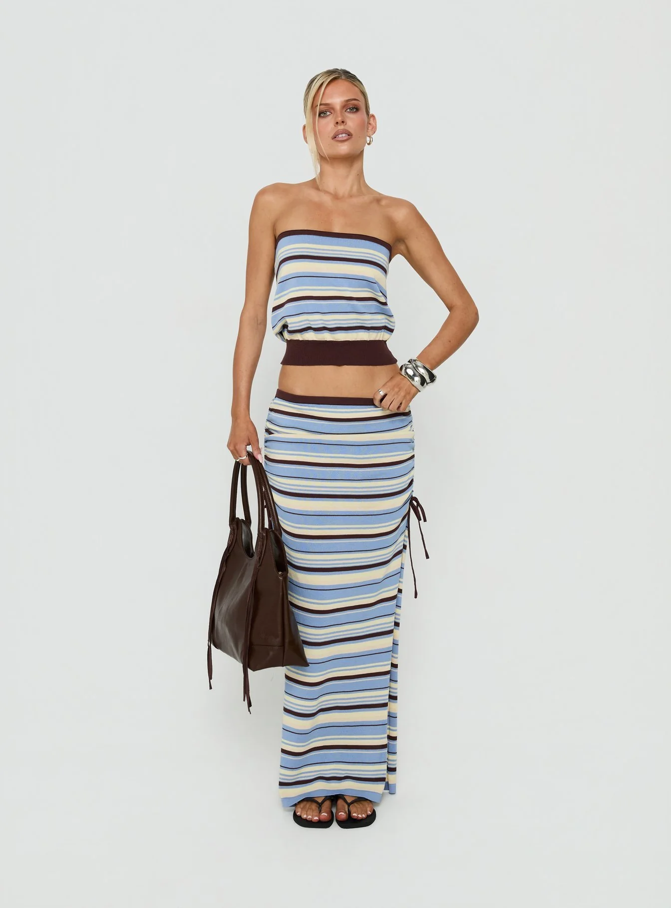 Osamie Knit Drawstring Maxi Skirt Multi Stripe