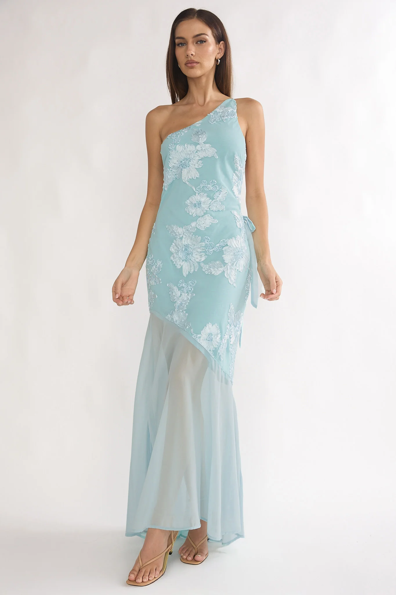 Mireya One-Shoulder Sheer Hem Maxi Dress Aqua