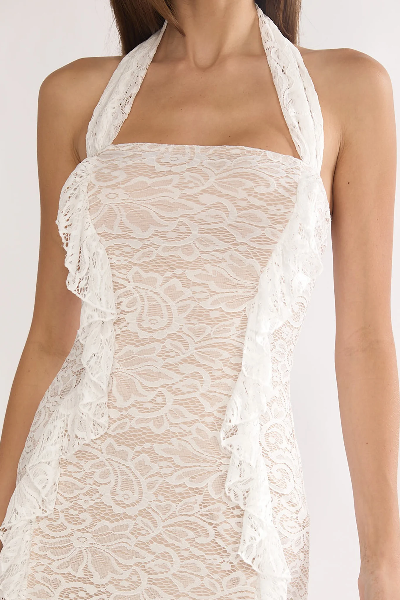 Chiavari Ruffle Trim Lace Maxi Dress White