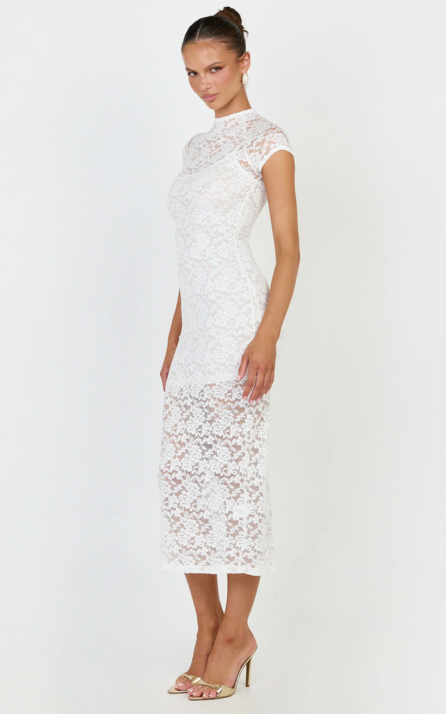 Emma Midi Dress - Lace Cap Sleeve Bodycon Dress in White