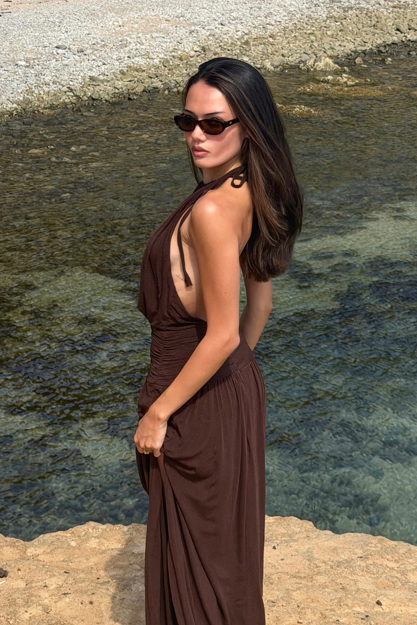 Entangled Backless Halter Maxi Dress Chocolate - luluinthesky
