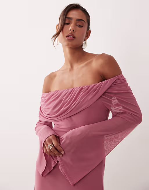 mesh off the shoulder draped neck long sleeve maxi dress in pink