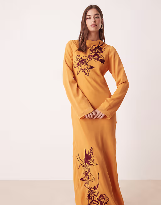 textured embroidered maxi dress in orange