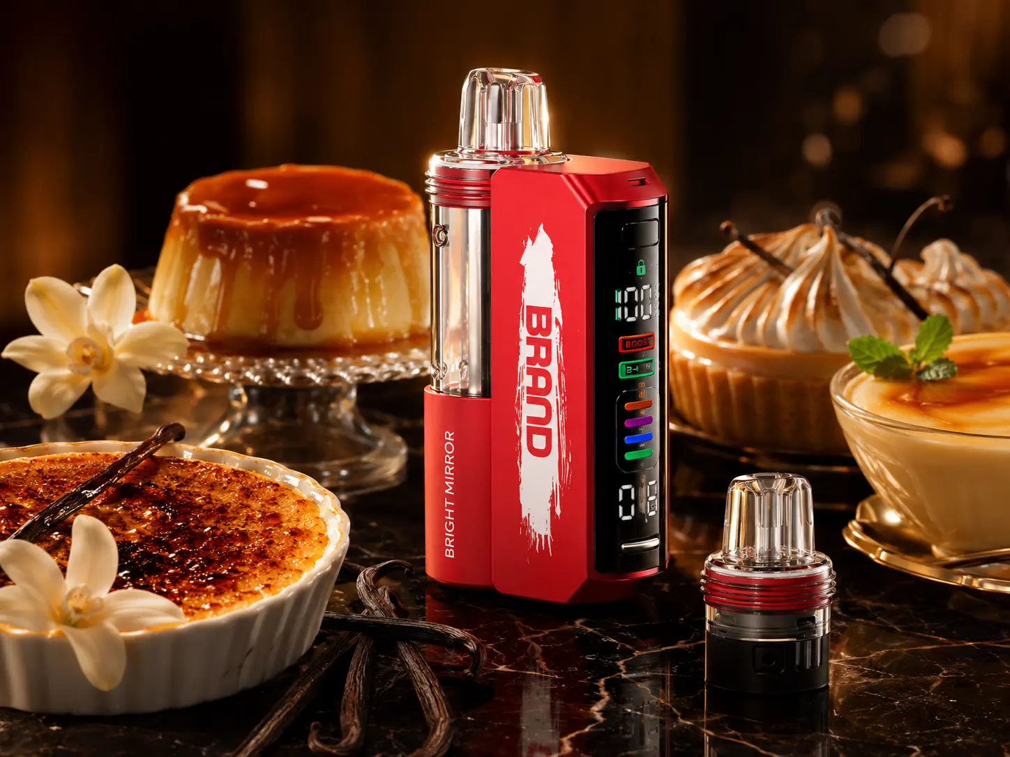Bright Mirror vape kit with an adjustable display beside vanilla custard, caramel flan, and crème brûlée