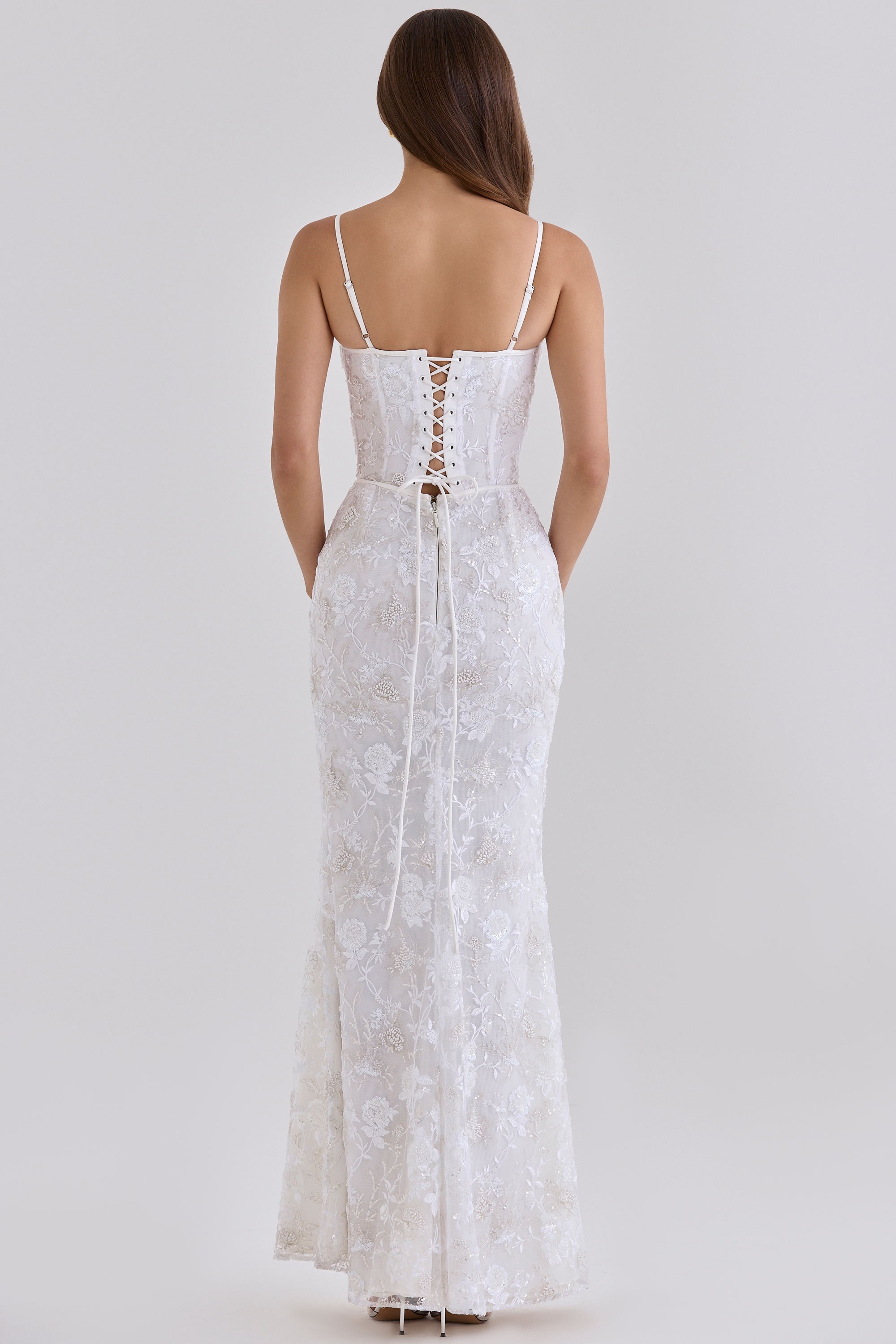 White Hand Beaded Embellished Corset Maxi Dress