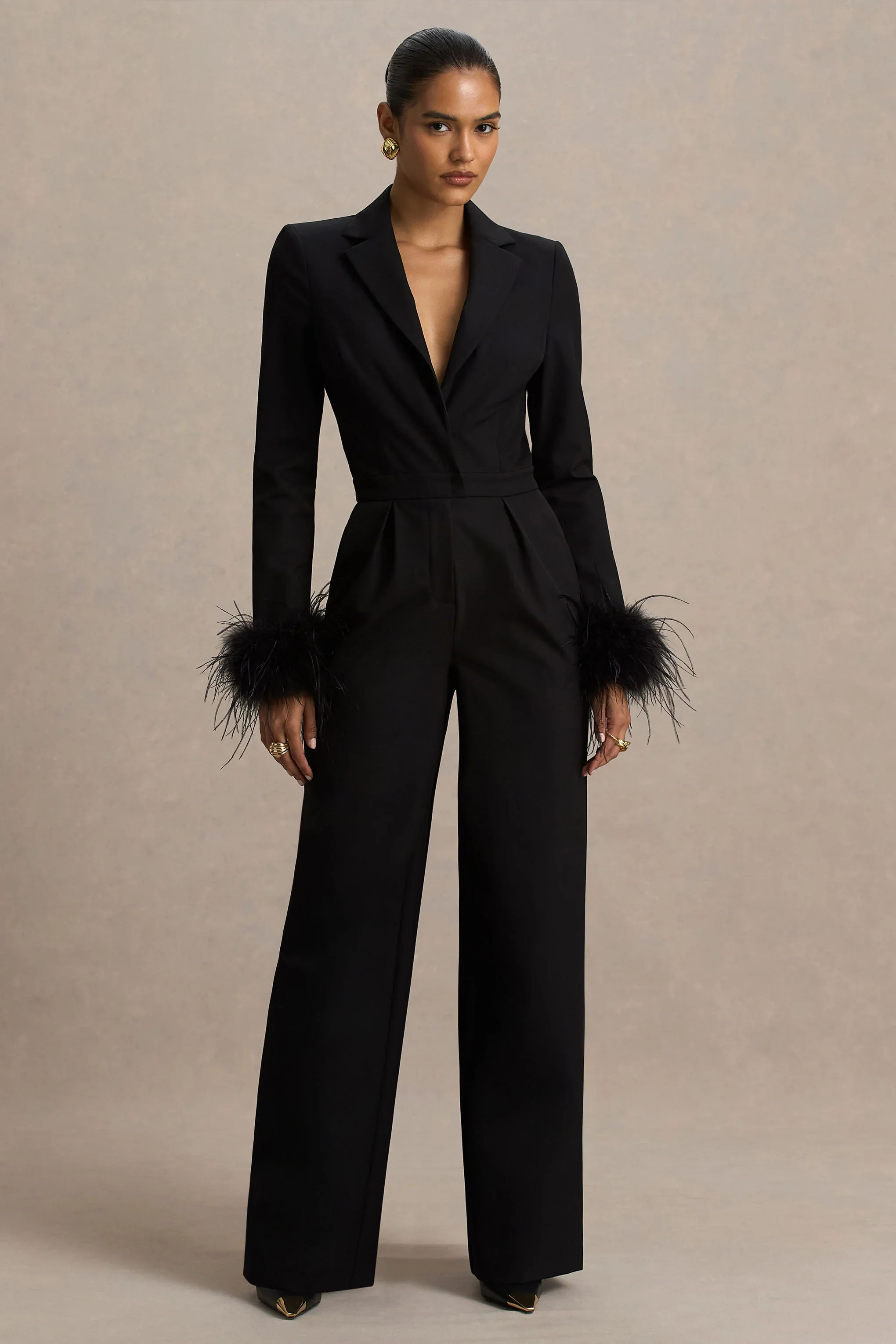 Lissy | Black Plunge-Neck Jumpsuit With Feather-Detailed Sleeves
