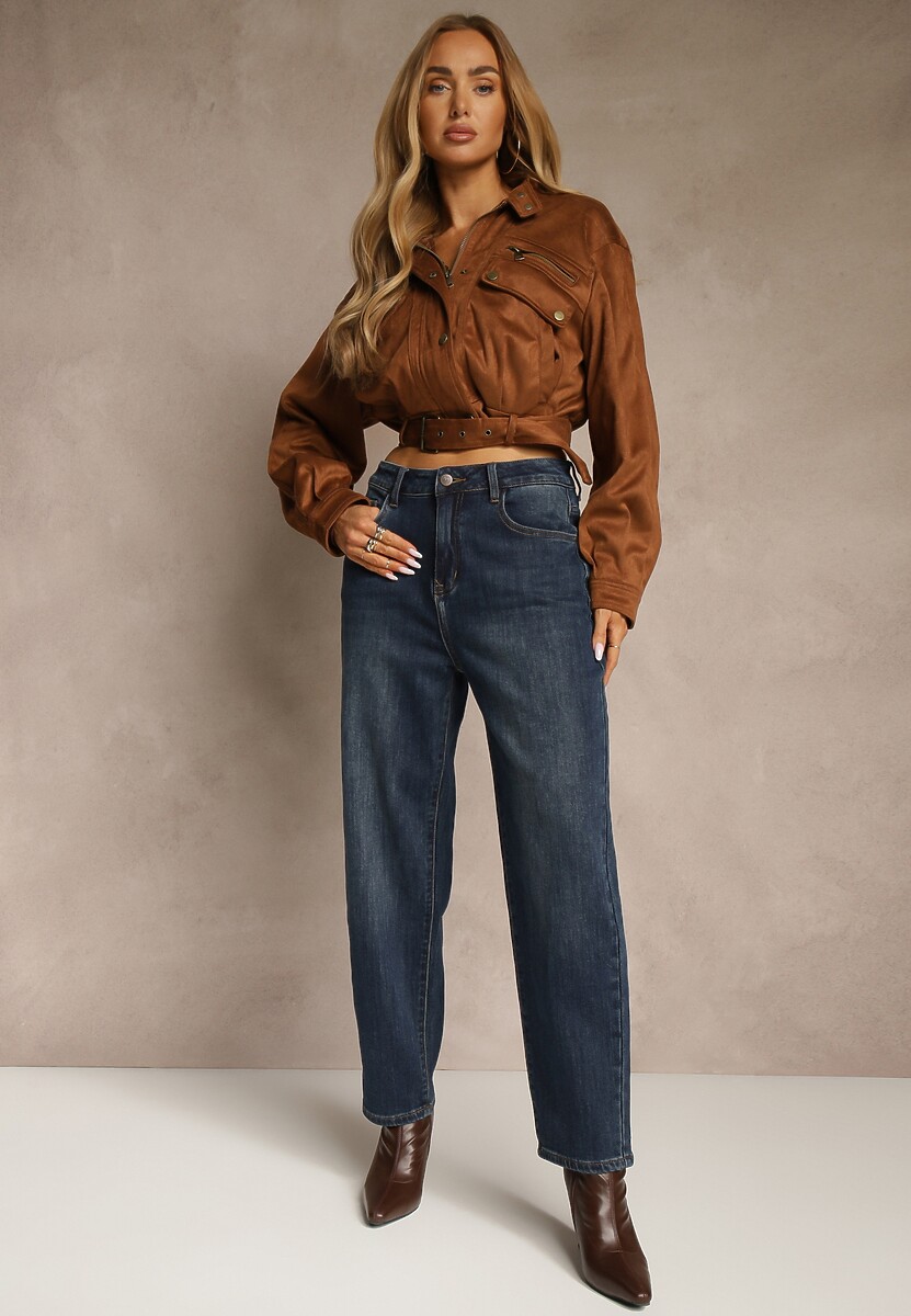 Granatowe Jeansy Mom Fit High Waist z Wiskozą Erralia