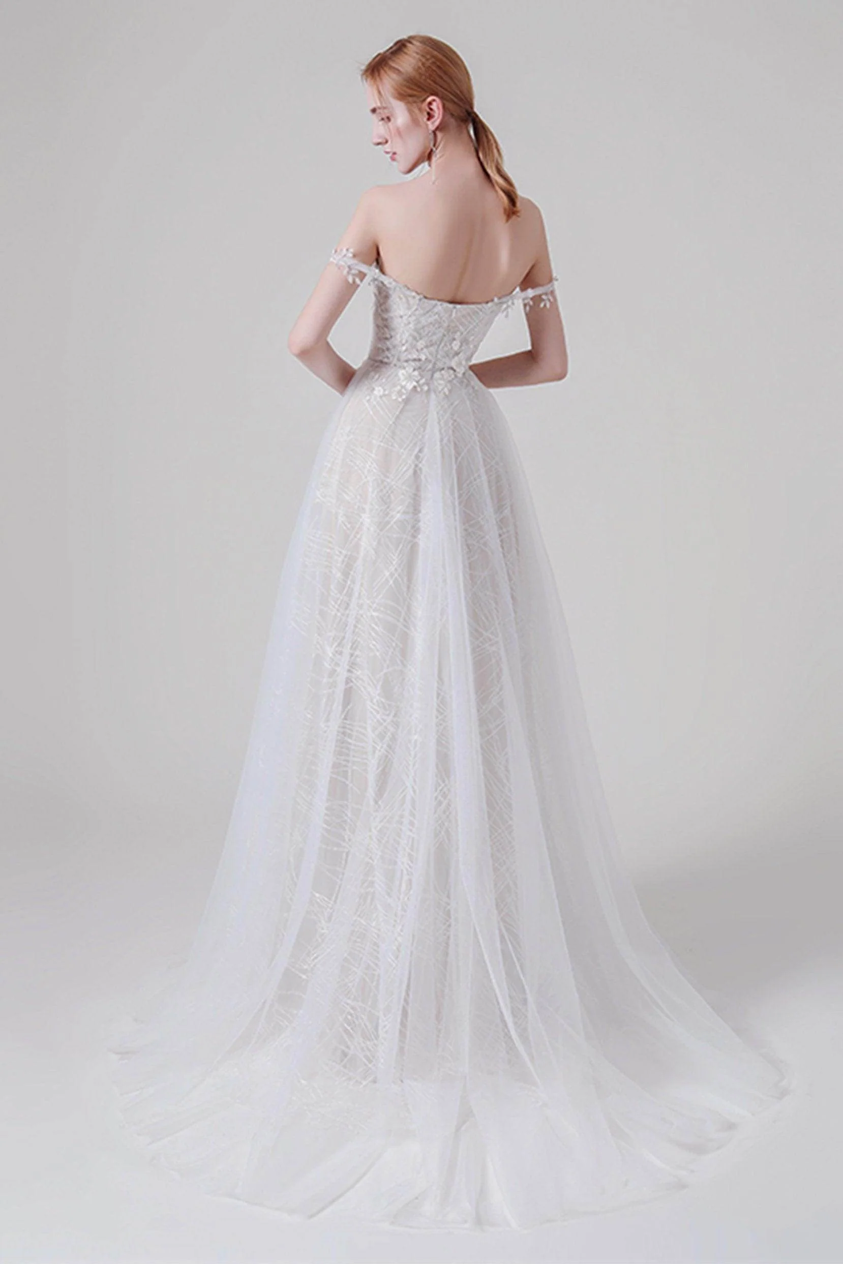 A-Line Sweep-Brush Train Lace Tulle Wedding Dress CW2741