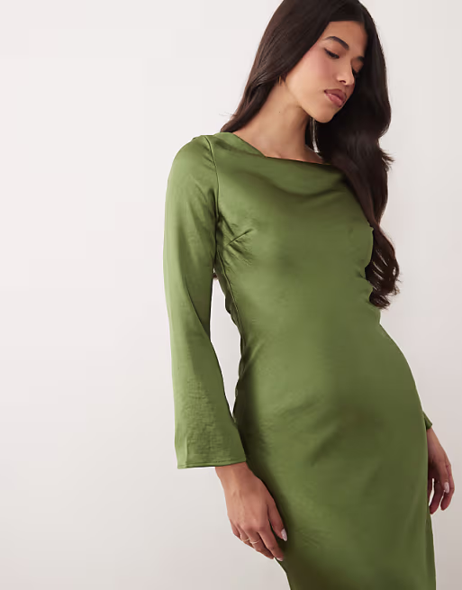 TFNC satin flared long sleeve maxi dress in olive