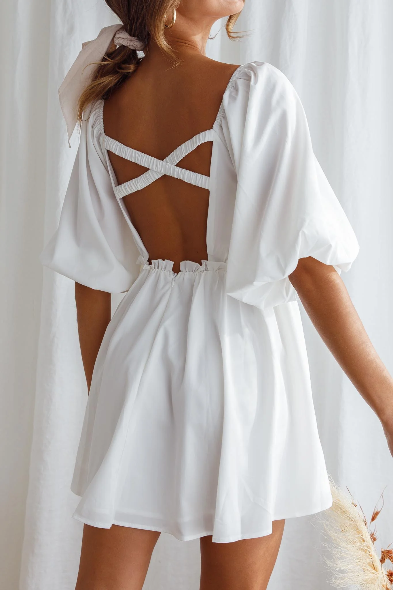 Always Dreaming Puff Sleeve Structured V-Neckline Mini Dress White - luluinthesky
