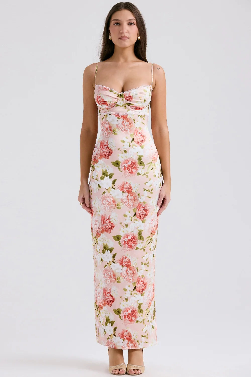 Pink Peony Print Satin Maxi Dress