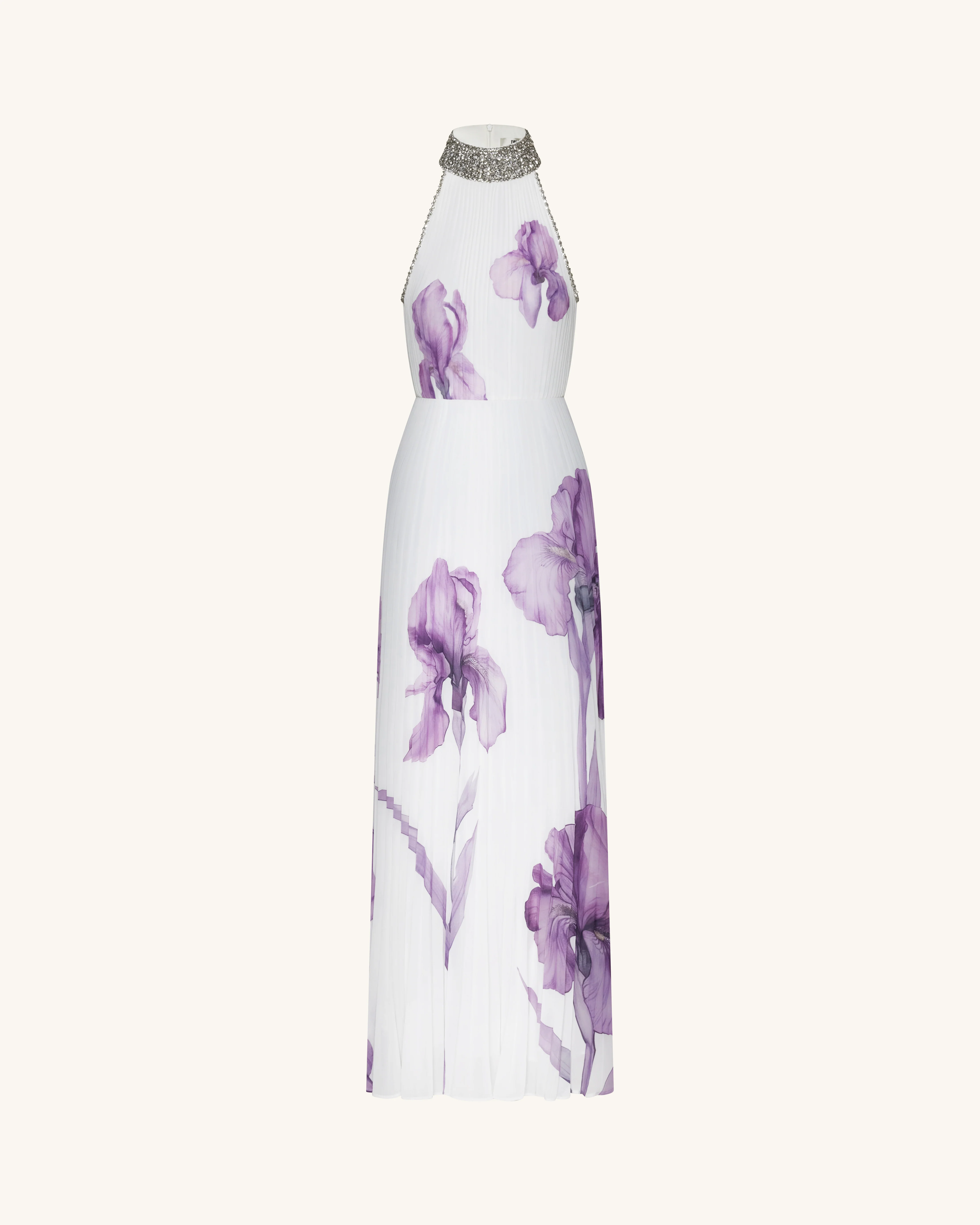 Jeweled-neck Halter Pleated Iris Print Maxi Dress - White/Purple - FASHION NOB