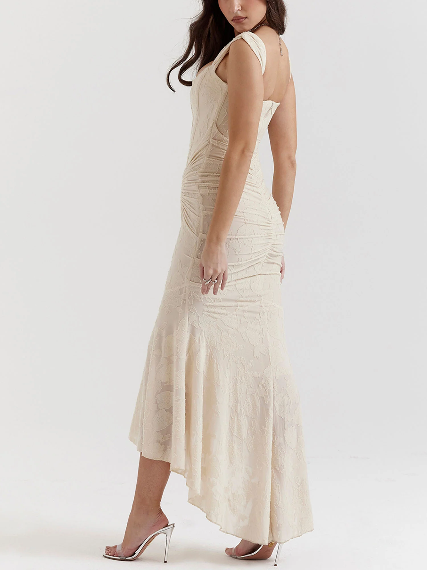 Beige Textured Asymmetrical Midi Dress