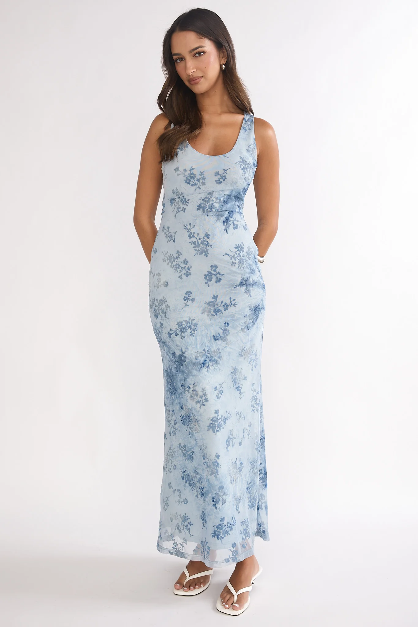 Elowra Mesh Maxi Dress Floral Blue