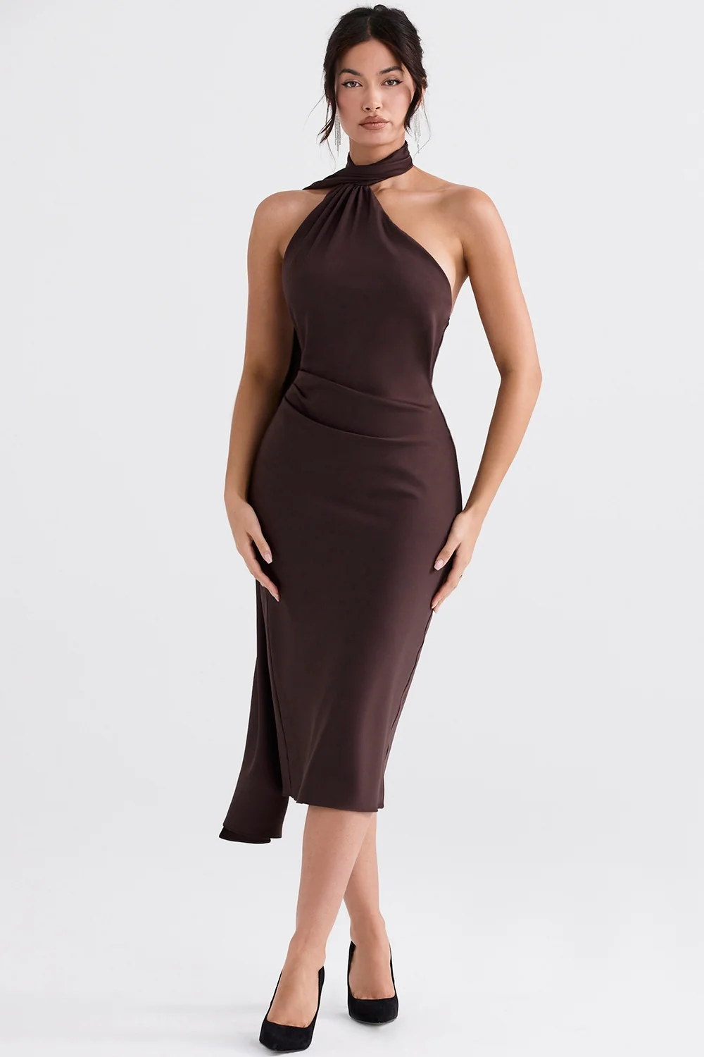 Chocolate Wrap Neck Midi Dress