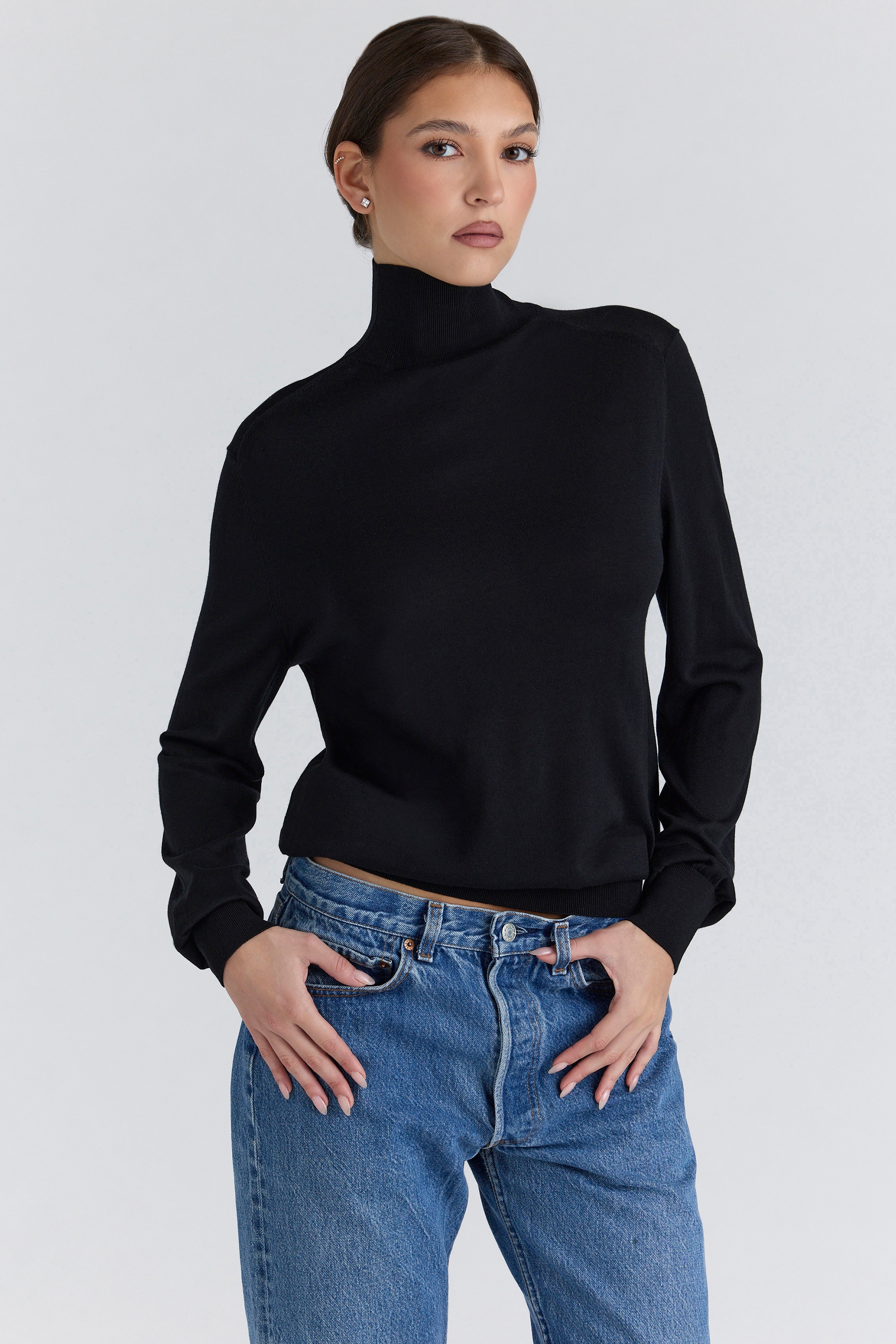 Black Silk + Wool Roll Neck Sweater