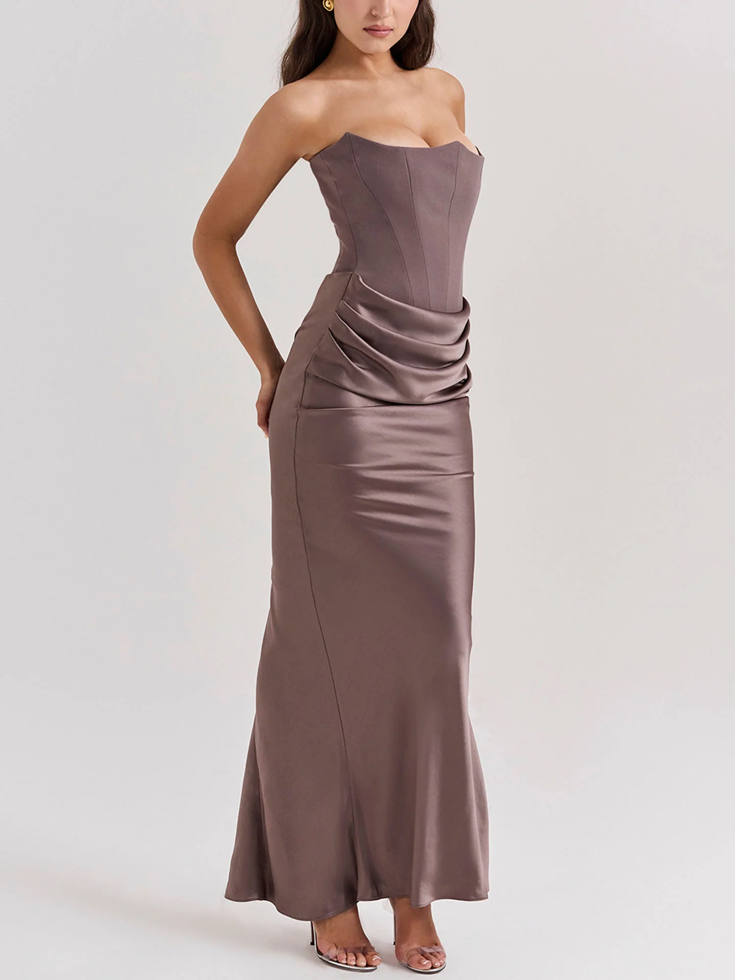 Brown Strapless Draped Bodycon Maxi Dress