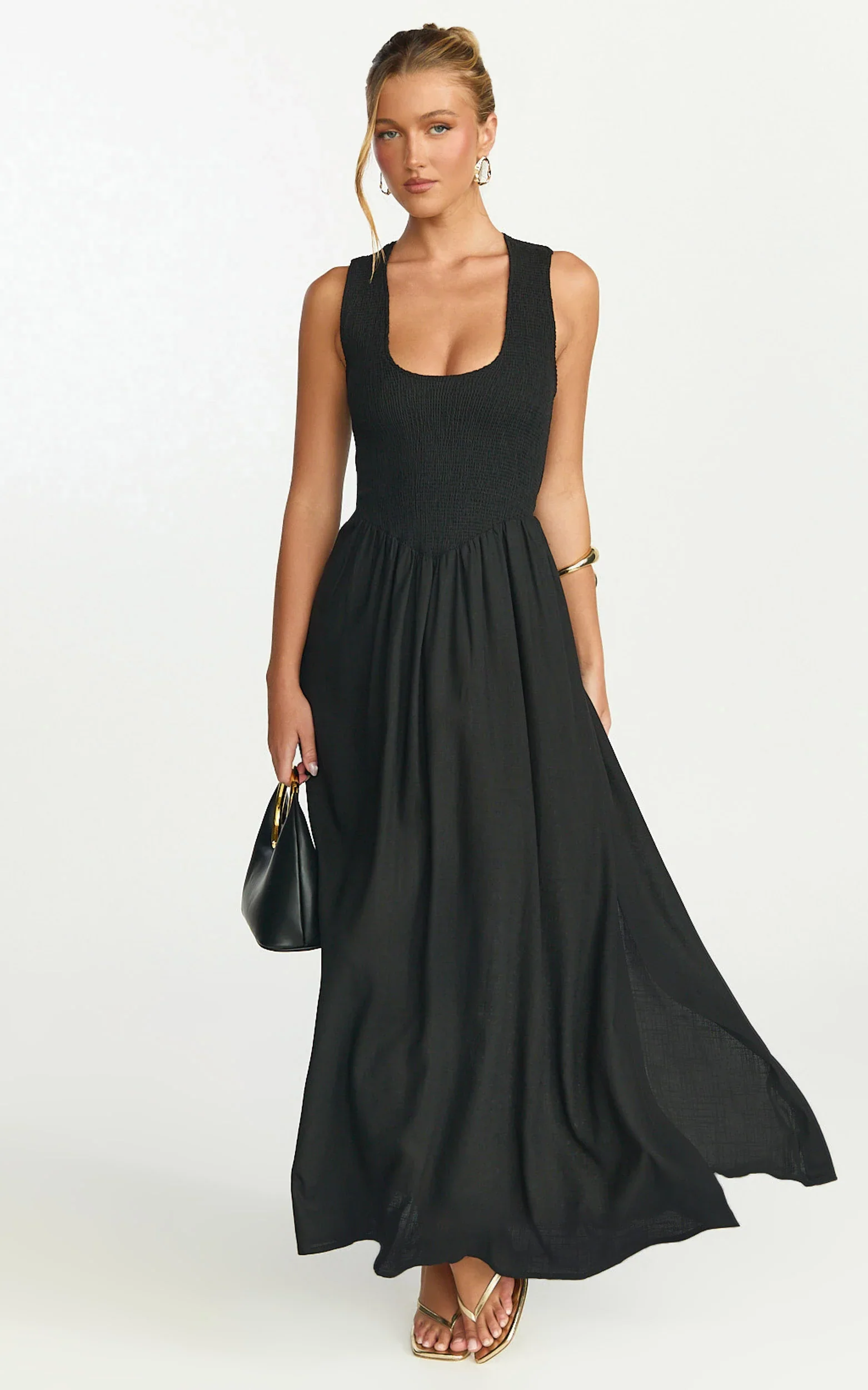 Luciana Maxi Dress - U Neck Smock Dress in Black