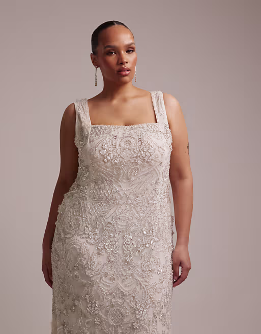 Curve ornate crystal embellished square neck maxi wedding dress in ivory