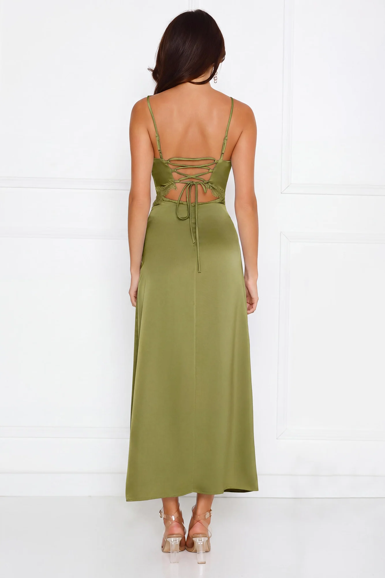 Soft Affection Satin Lace Maxi Dress Sage