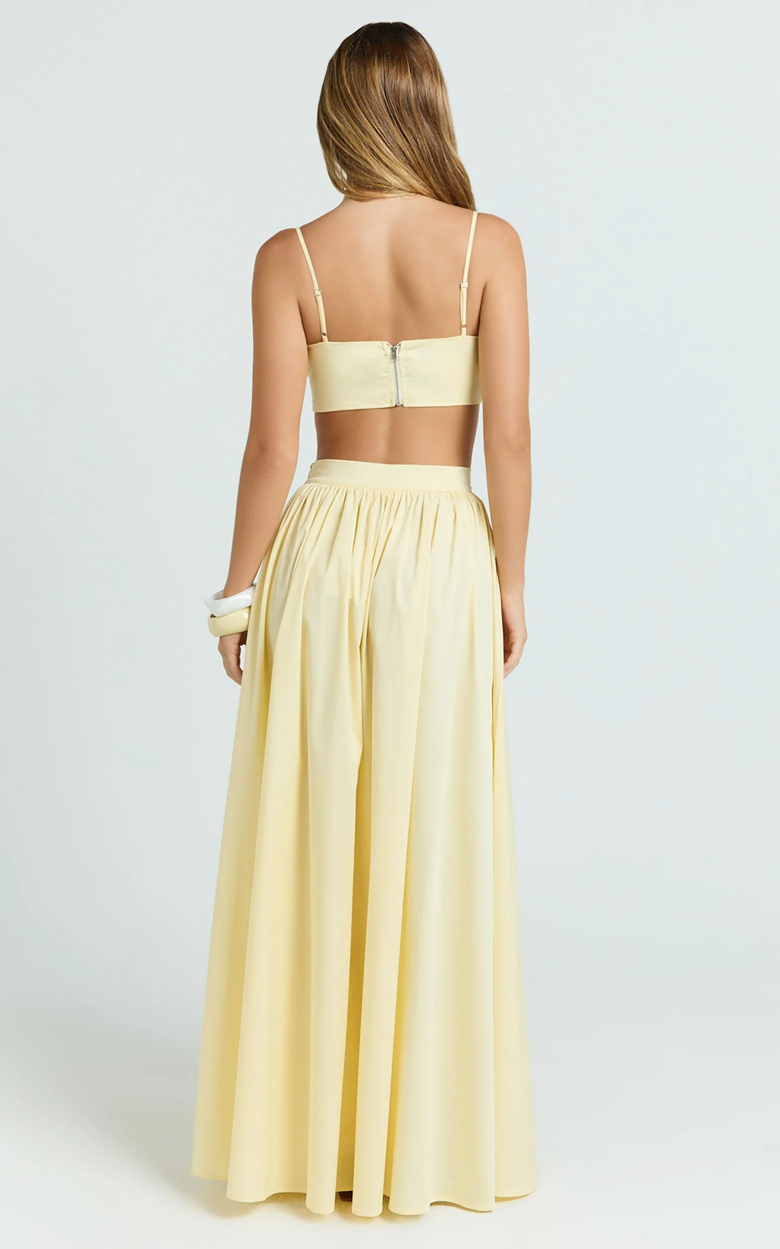 Tegan Two Piece Set - Straight Neck Micro Crop Top and A Line Maxi Skirt Set in Butter Yellow - luluinthesky