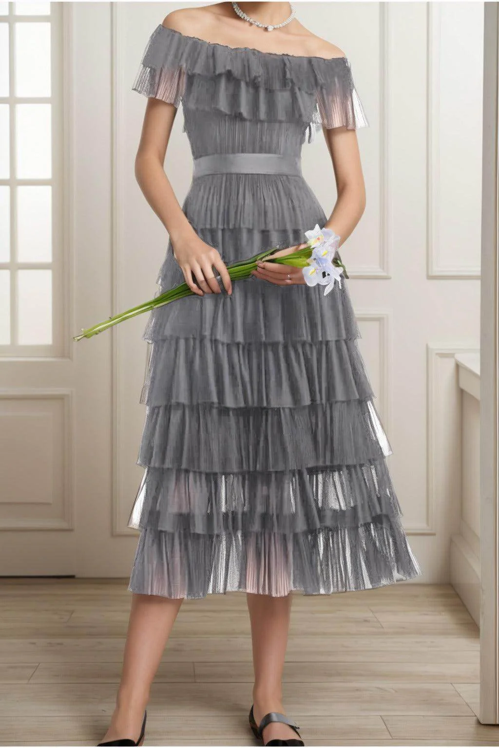 A-Line Tea Length Tulle Graduation Dresses CS0557