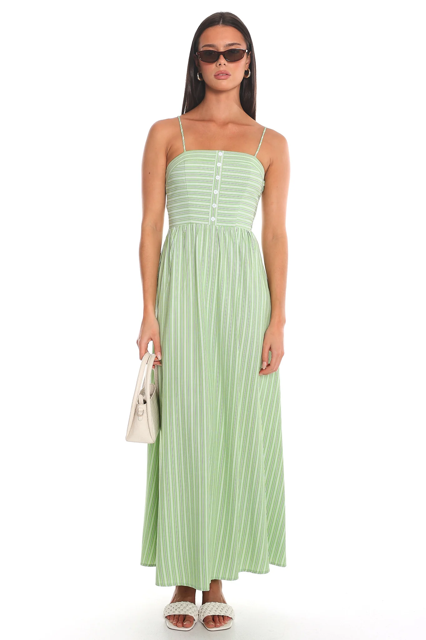 Saturday Sun Stripe Button-Front Maxi Dress Green