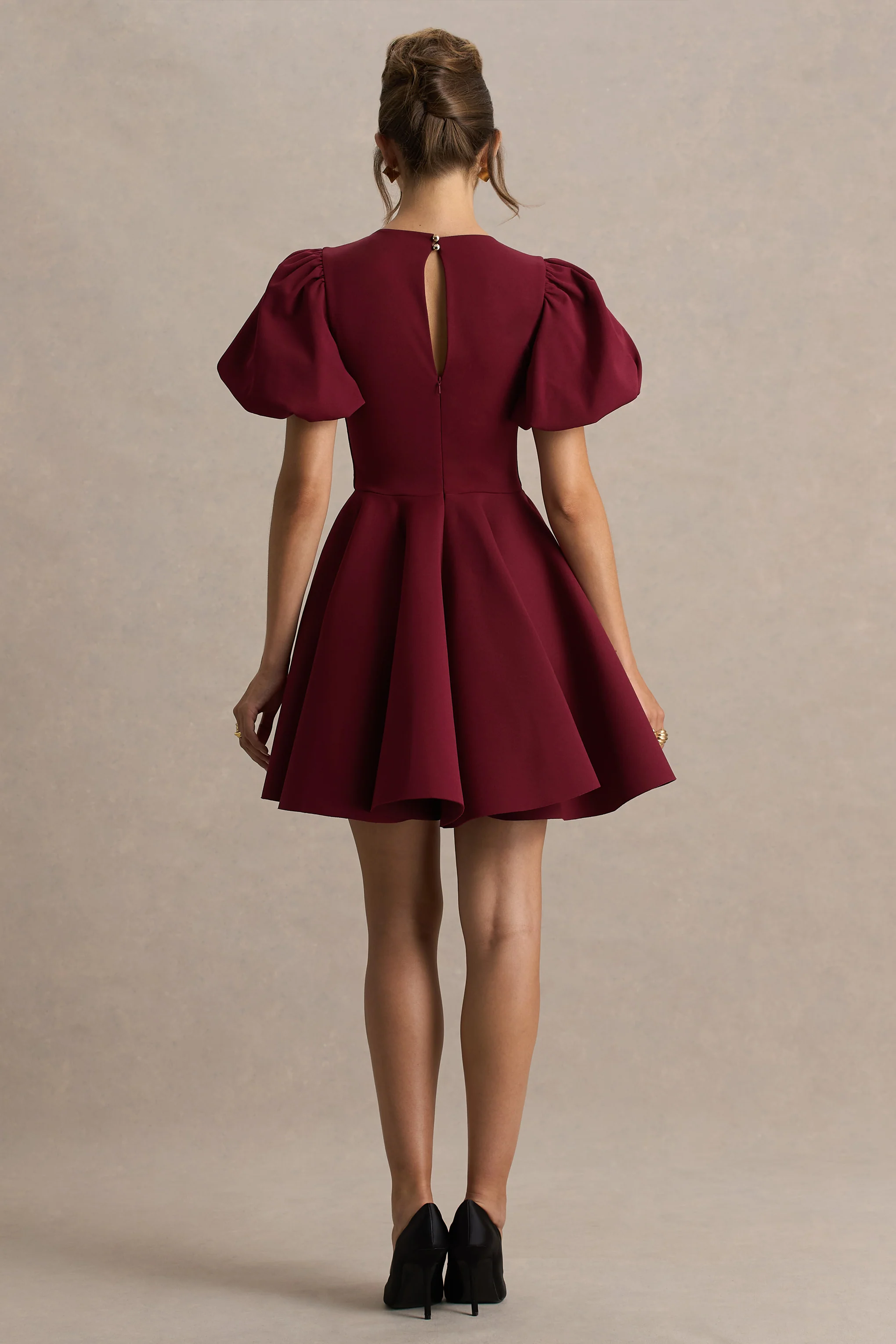 Emelia | Burgundy Puff-Sleeve Skater Mini Dress