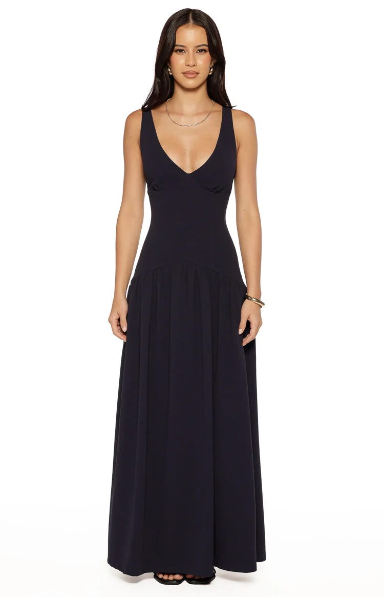 Novi Navy Drop Waist Crepe Maxi Dress