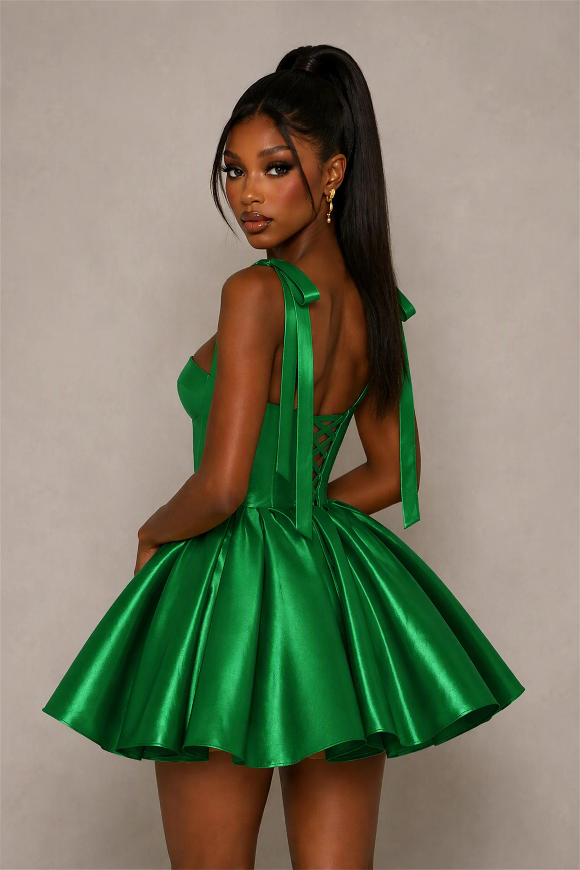 BOLODOO Emerald Green Satin Sweetheart Corset Bow Strap Lace-Up Open Back Full Skirt Mini Dress | Prom Cocktail Party Dress
