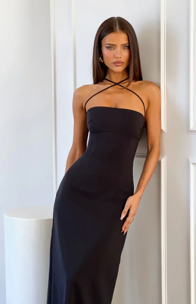 Del Mar Black Crepe Formal Maxi Dress