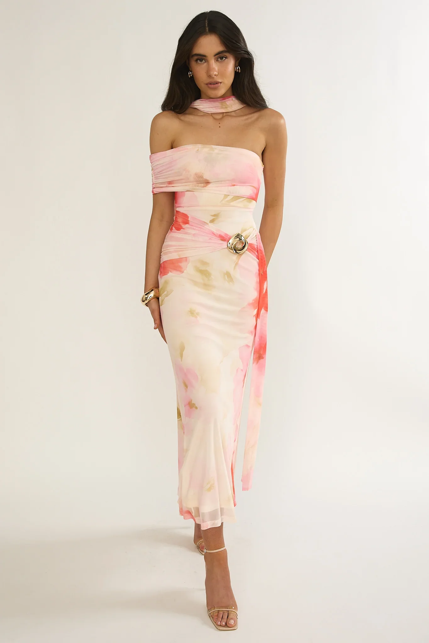 Carrisa One-Sleeve Maxi Dress Floral Pink
