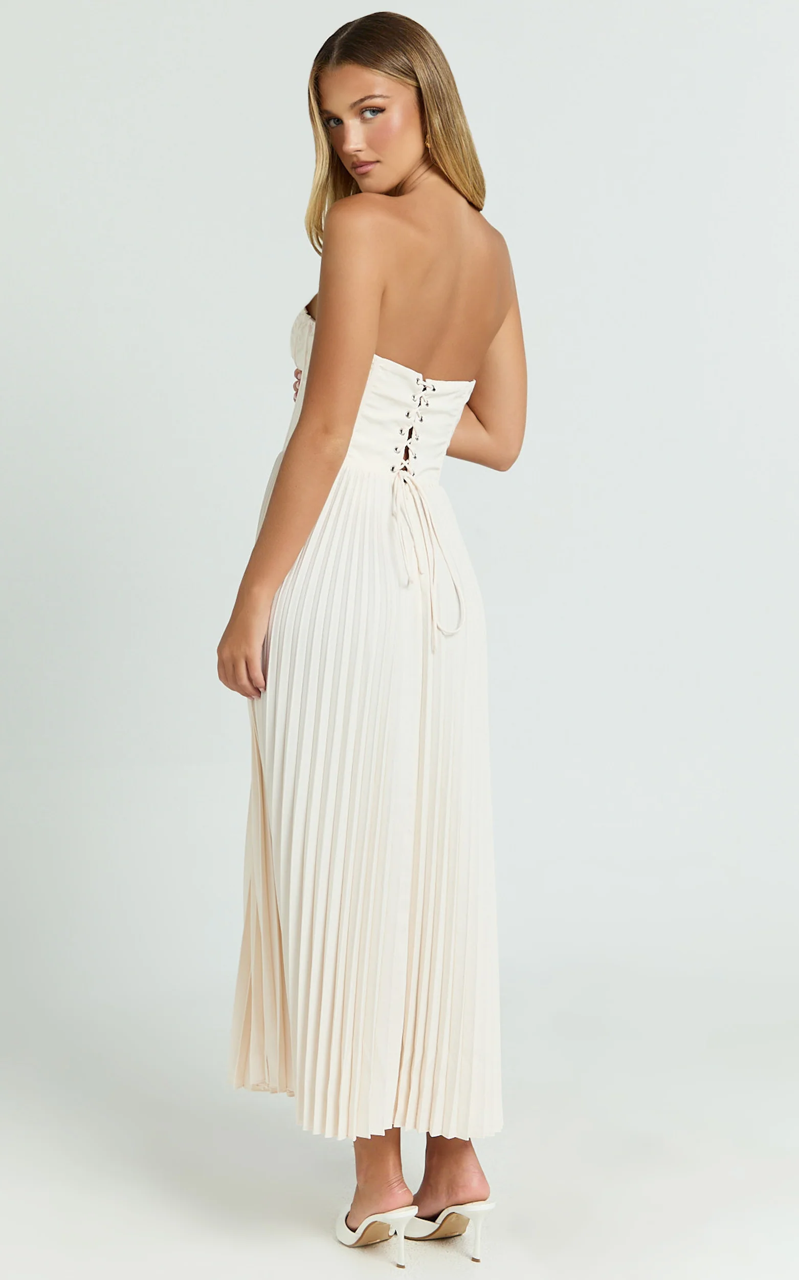 Loretta Midi Dress - Lace Up Back Bustier Pleated Dress in Cream