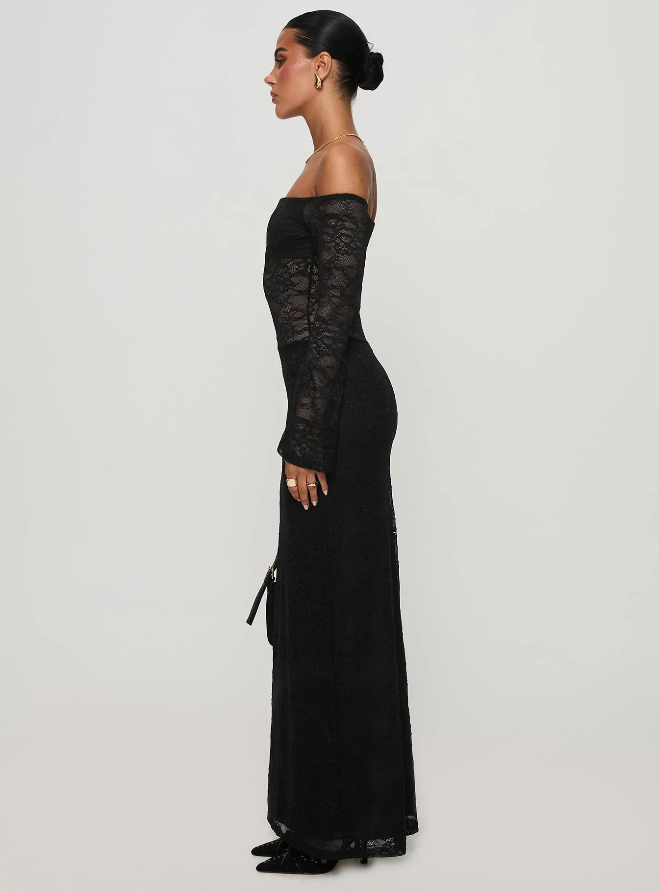 Pinot Grigio Long Sleeve Lace Maxi Dress Black - luluinthesky