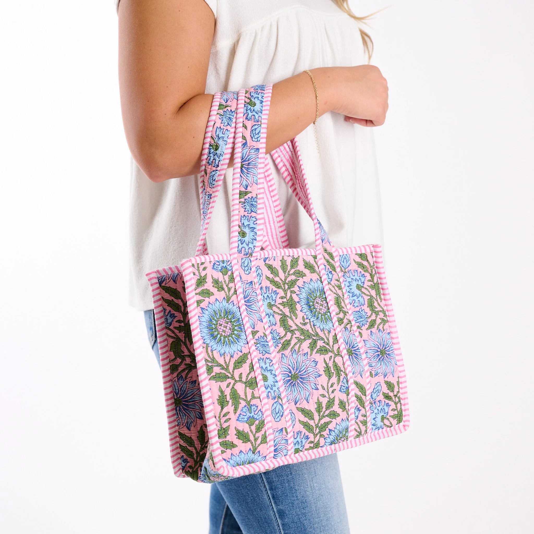 Mini Pink and Blue Floral Quilted Tote Bag - luluinthesky
